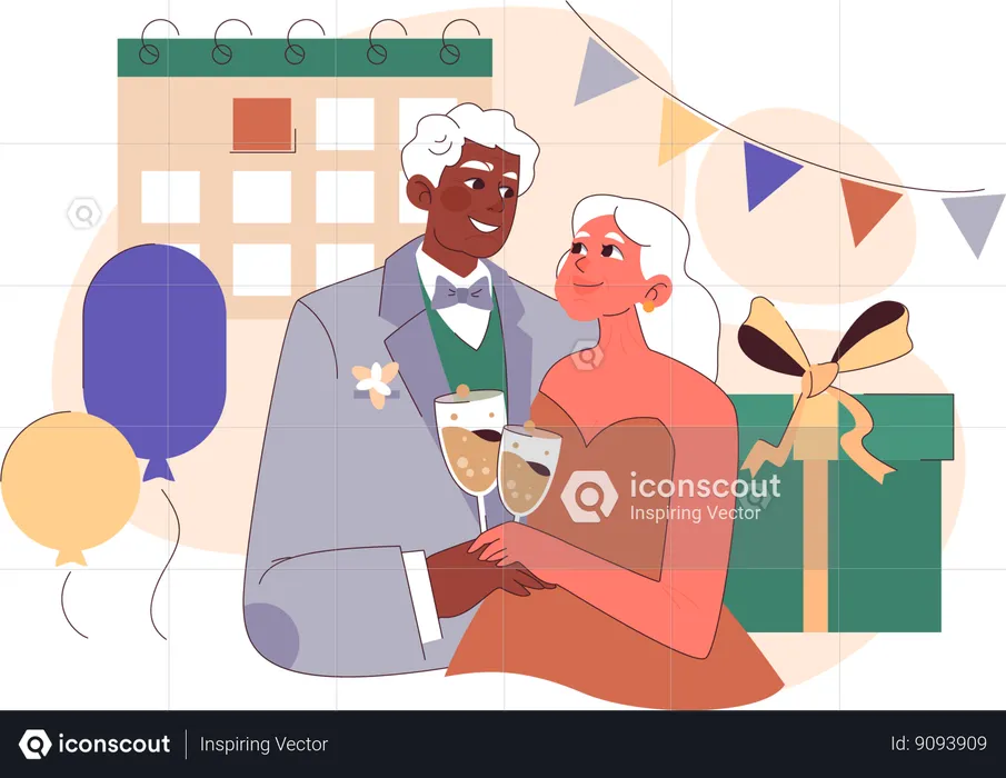 Old couple celebrating anniversary party  Illustration