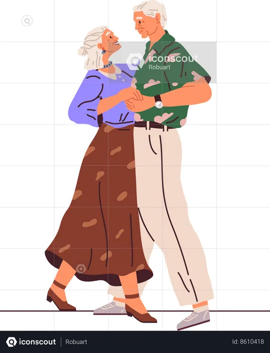 Old couple dance. Vector illustration. Grandpa does dance support, grandma. Elderly couple dancing at party  Illustration