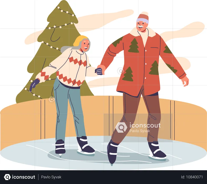 Old couple doing ice skating  Illustration