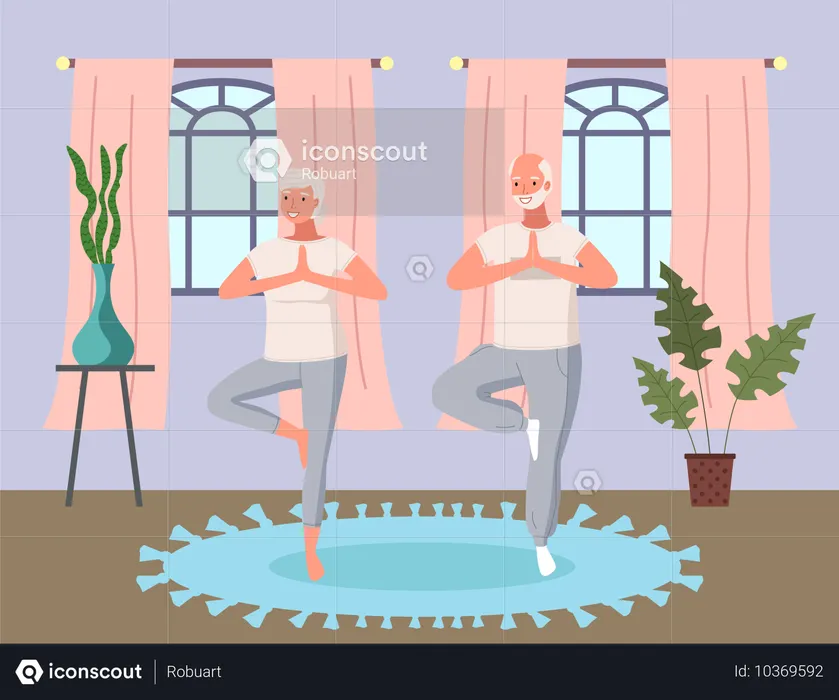 Old Couple doing yoga exercises together at home  Illustration