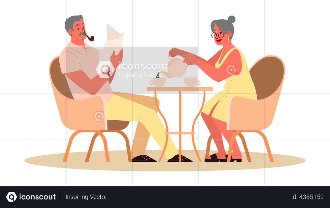 Old couple having tea together  Illustration