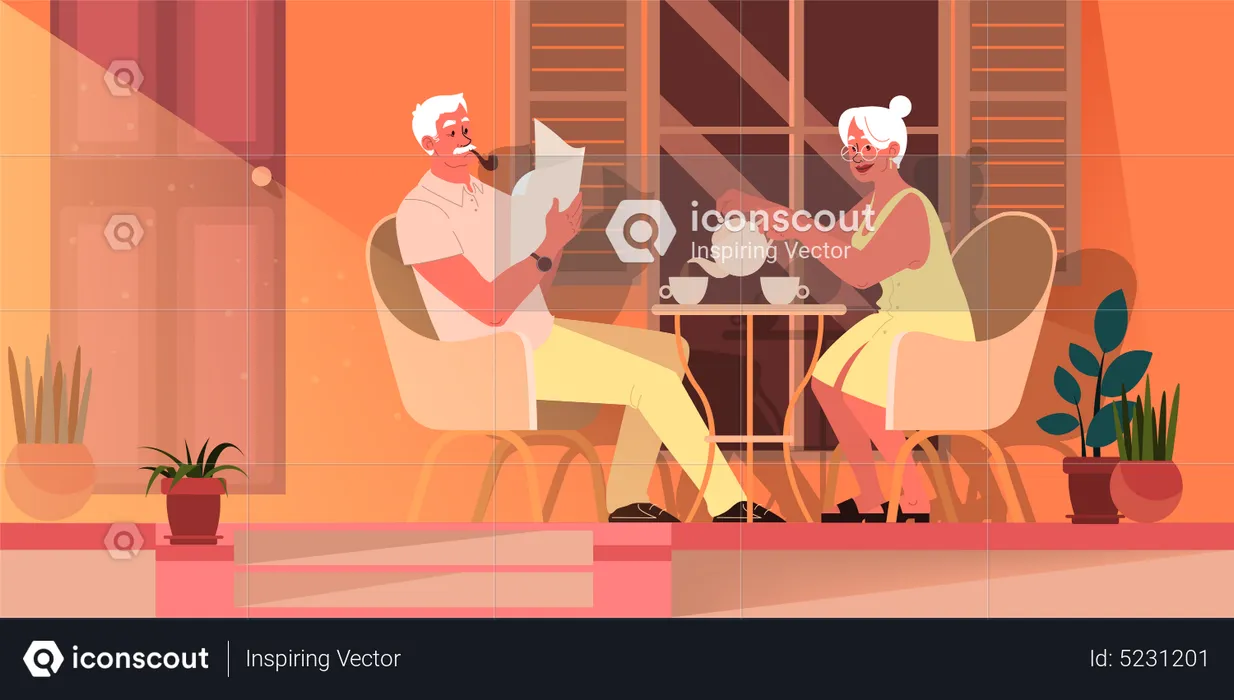 Old couple having tea together  Illustration