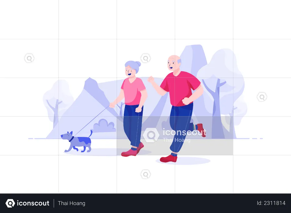 Old couple jogging with dog  Illustration