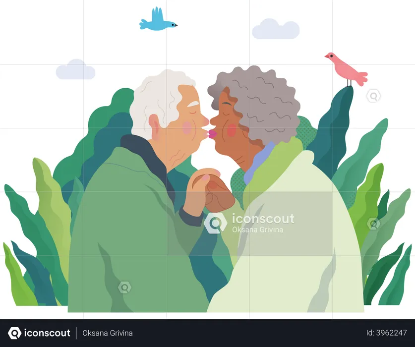 Old couple lips kissing  Illustration