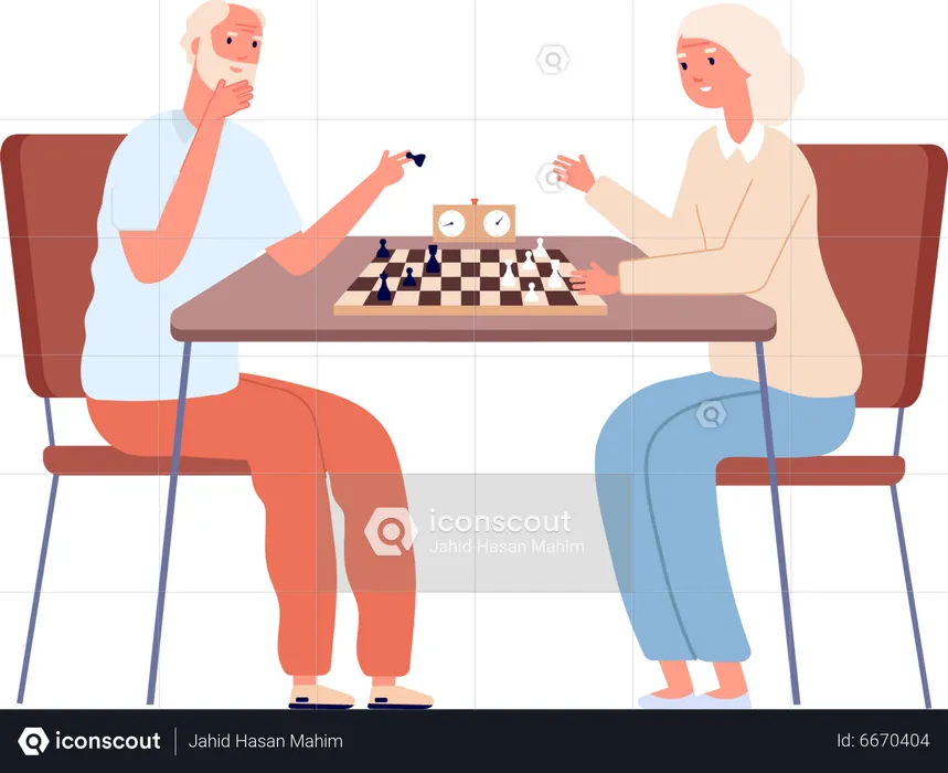Old couple playing chess  Illustration