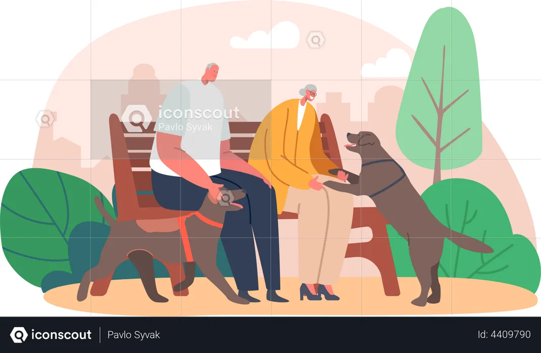 Old couple playing with pet while sitting at park  Illustration