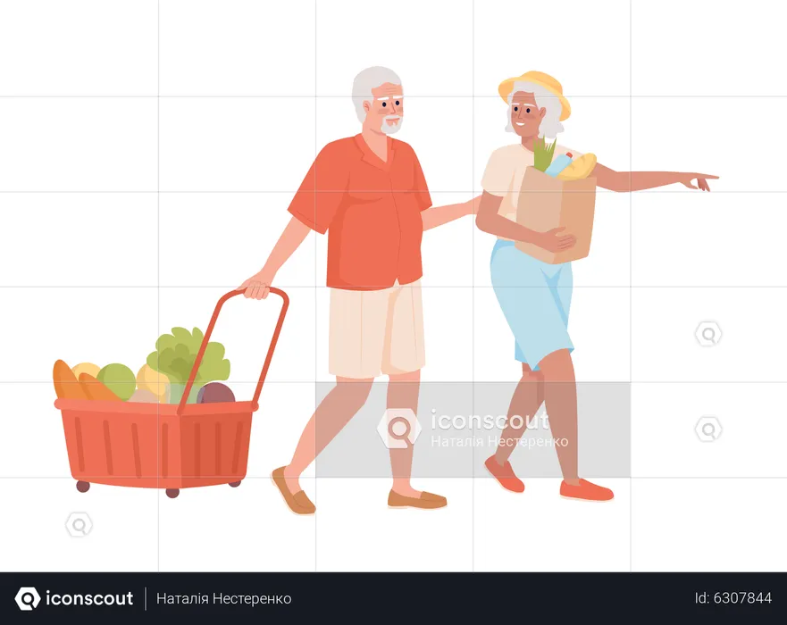 Old couple shopping together  Illustration