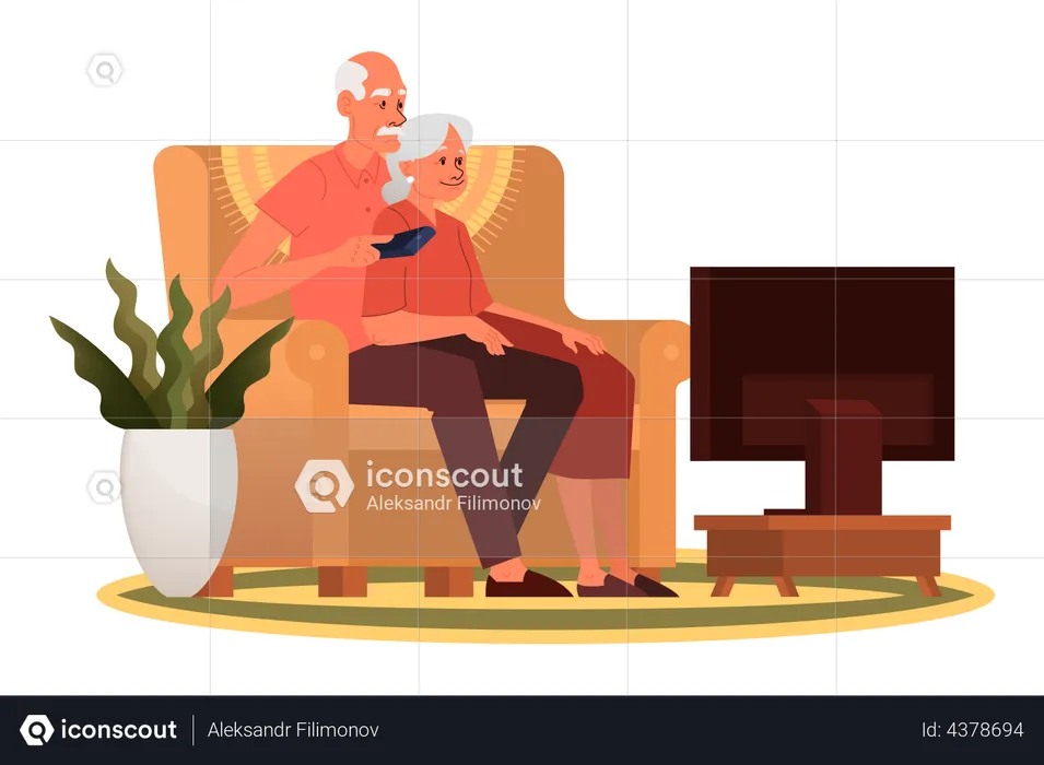 Old couple sitting on sofa and watching TV  Illustration