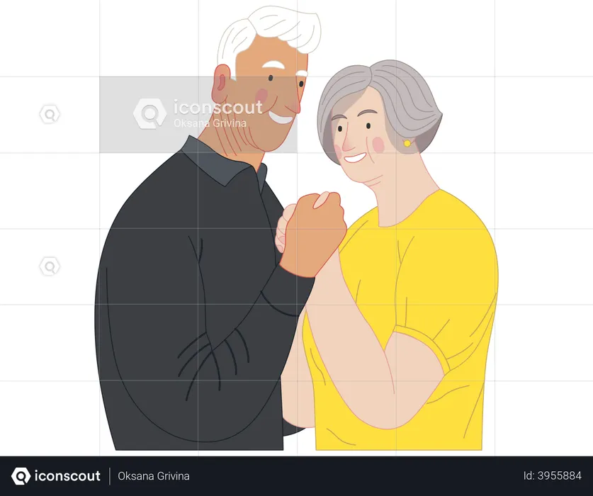 Old Couple Standing Embraced Together Holding their Hands  Illustration