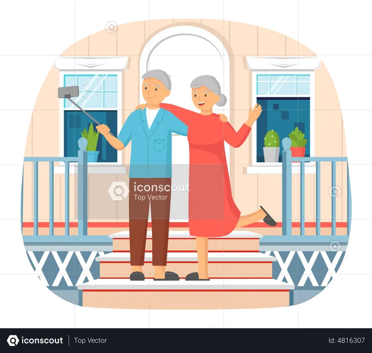 Old couple taking self photo  Illustration