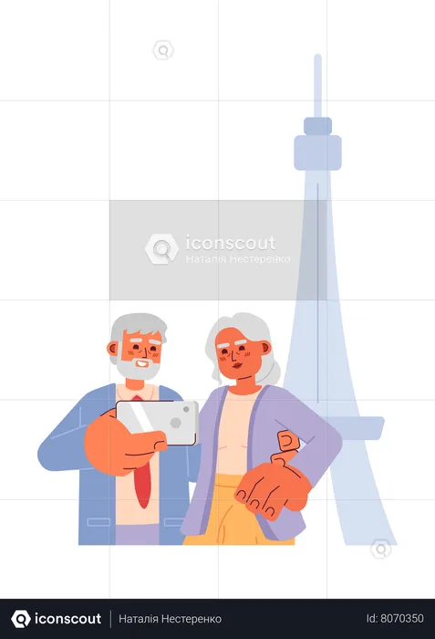 Old couple taking selfie on vacation  Illustration