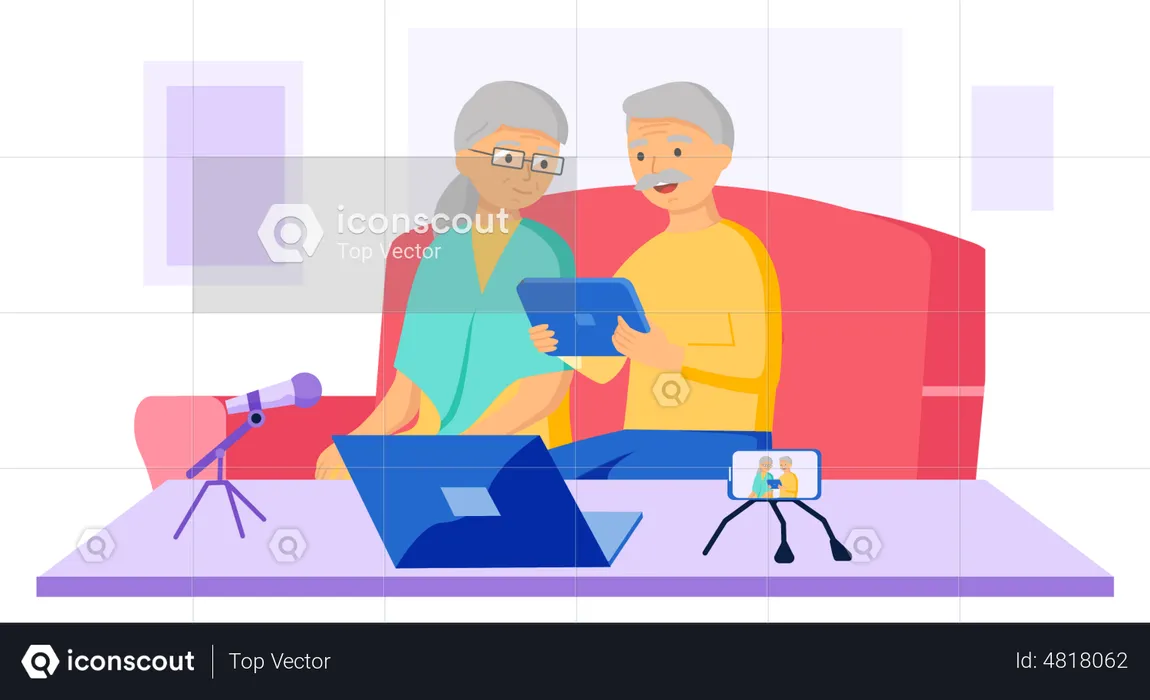 Old couple using different devices  Illustration