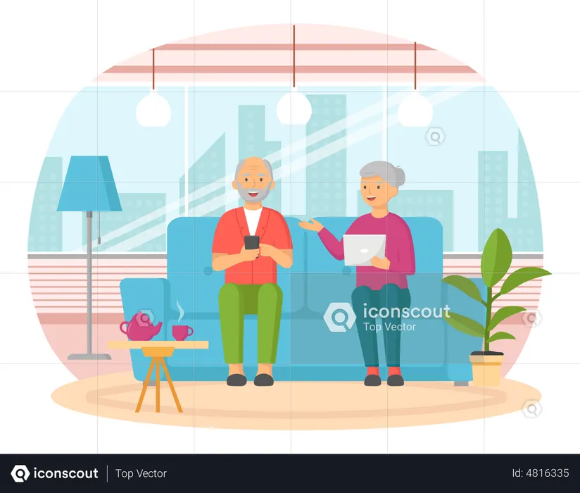 Old couple using mobile devices  Illustration