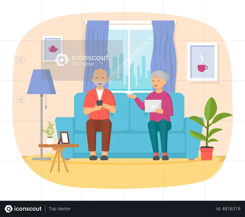 Old couple using smart devices  Illustration