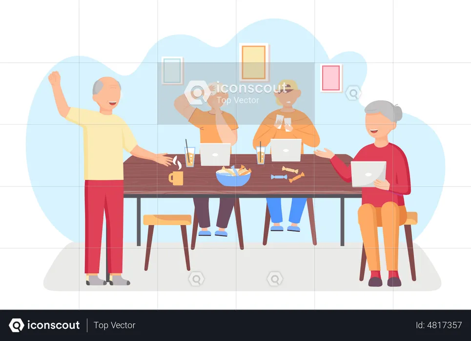 Old couple with their grandchildren spending time together  Illustration