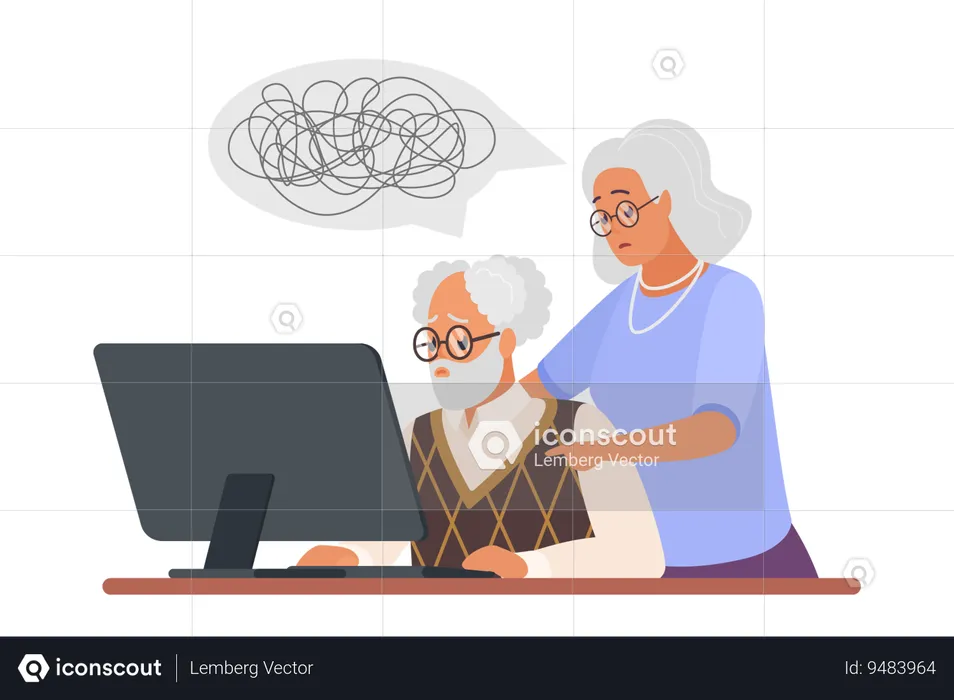 Old couples computer problems  Illustration