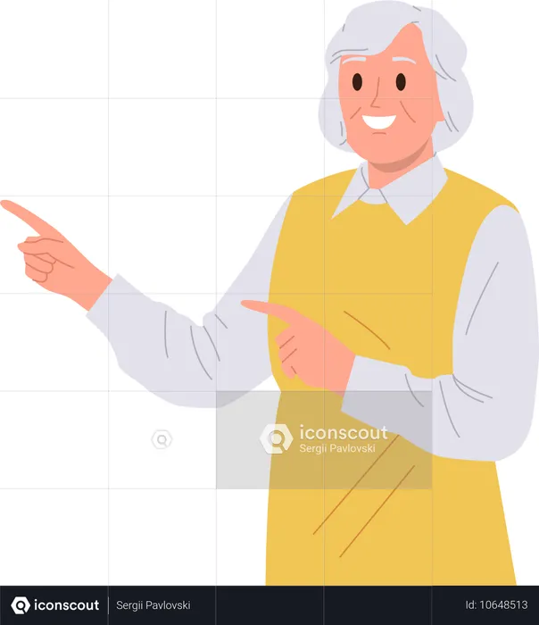 Old elderly smiling woman pointing aside with index finger hand gesture  Illustration