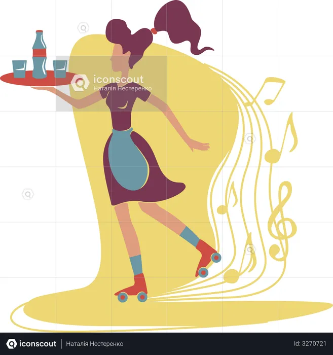 Old fashioned cool roller waitress holding tray in hand  Illustration