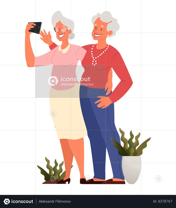 Old female friend taking selfie  Illustration