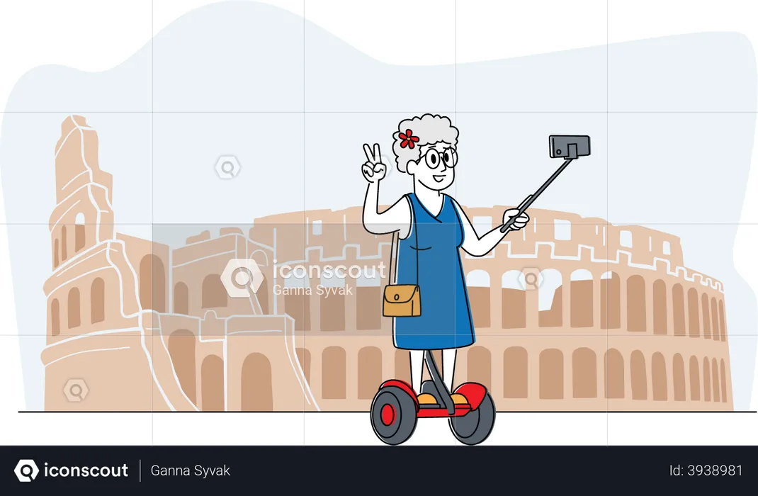 Old female tourist clicking selfie while standing on hoverboard  Illustration