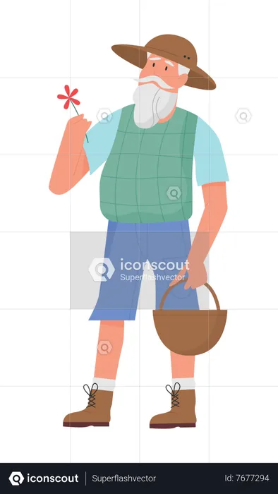 Old gardener holding flower  Illustration