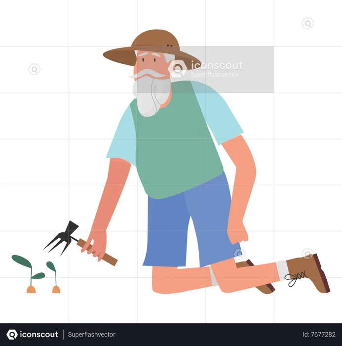 Old gardener with fork  Illustration