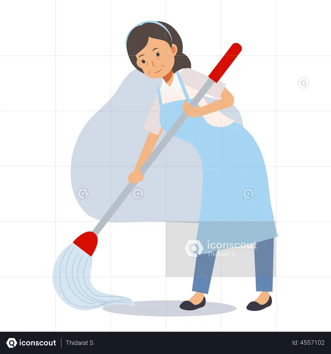Old house cleaner cleaning floor  Illustration