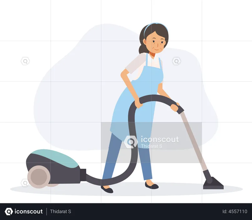 Old housekeeper cleaning floor by vacuum  Illustration