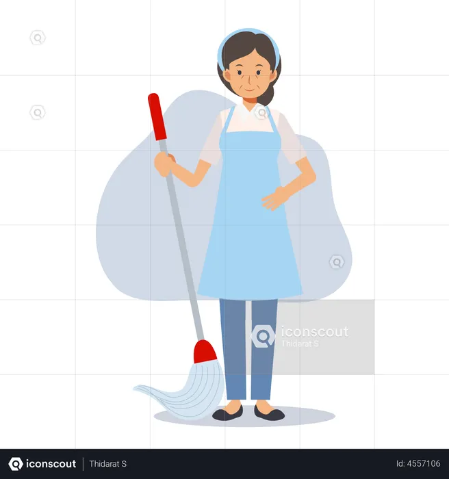 Old housekeeper with cleaning mop  Illustration