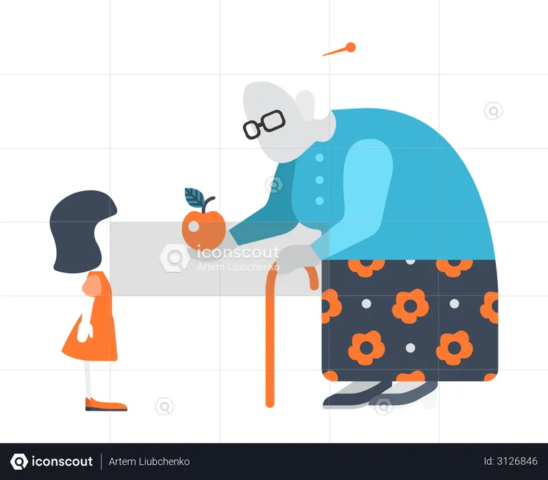 Old lady giving apple to little girl  Illustration