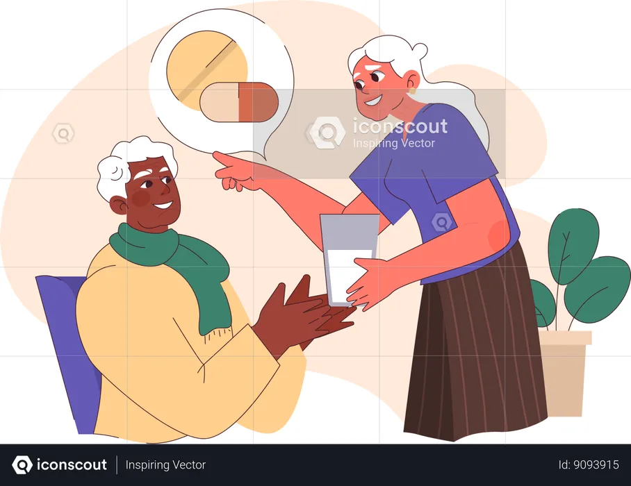 Old lady giving medicine to old man  Illustration