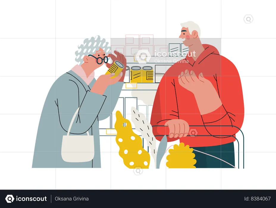 Old lady is viewing an item before purchasing it  Illustration