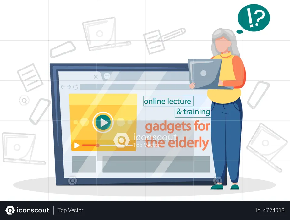 Old Lady learning to work with laptop  Illustration