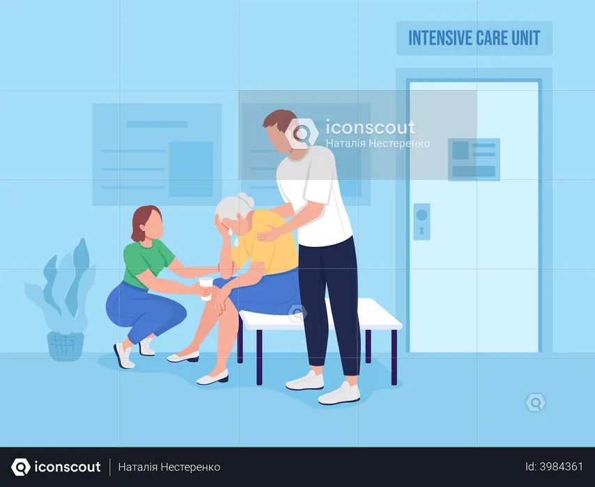Old lady with headache visiting hospital  Illustration