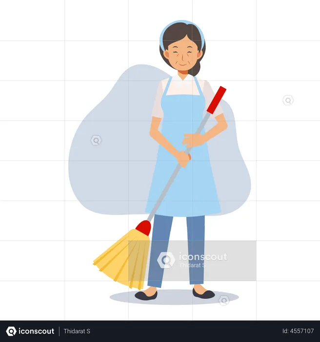 Old maid with cleaning mop  Illustration