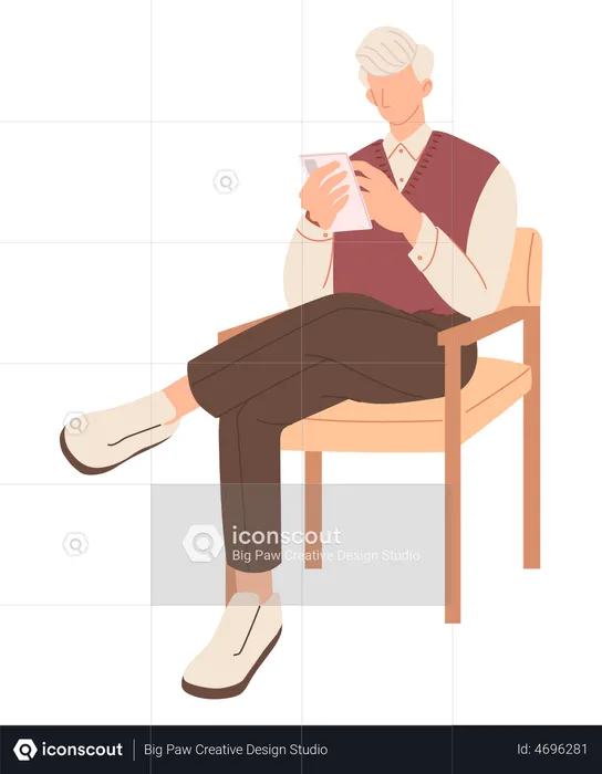Old male using mobile while sit on chair  Illustration