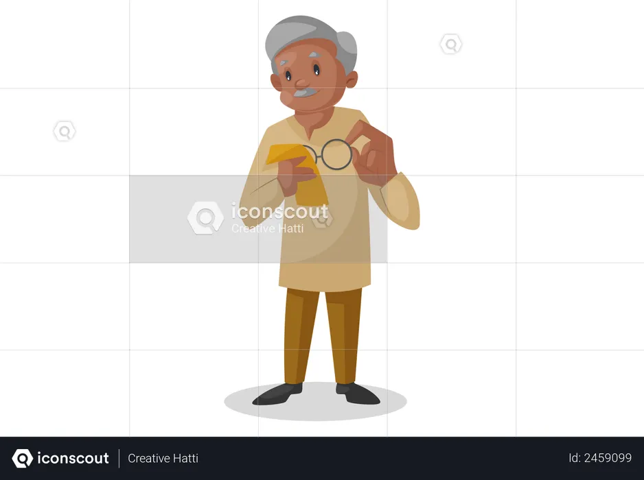 Old man cleaning the glass of his spectacles with a cloth  Illustration