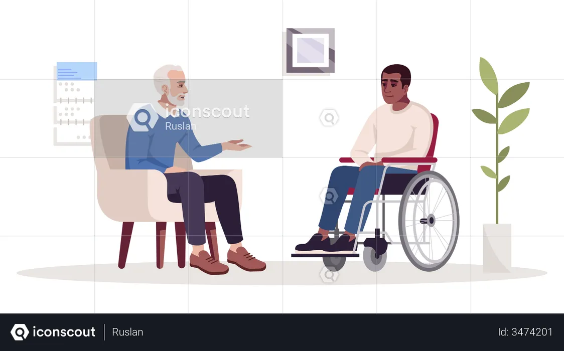 Old man communicating with disabled person  Illustration
