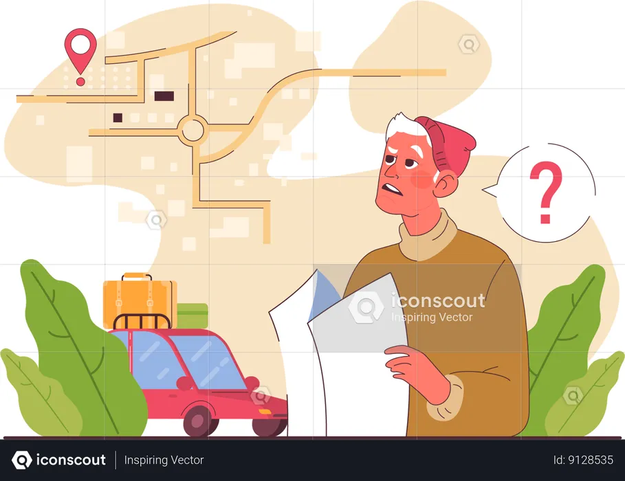 Old man confused about travel route  Illustration