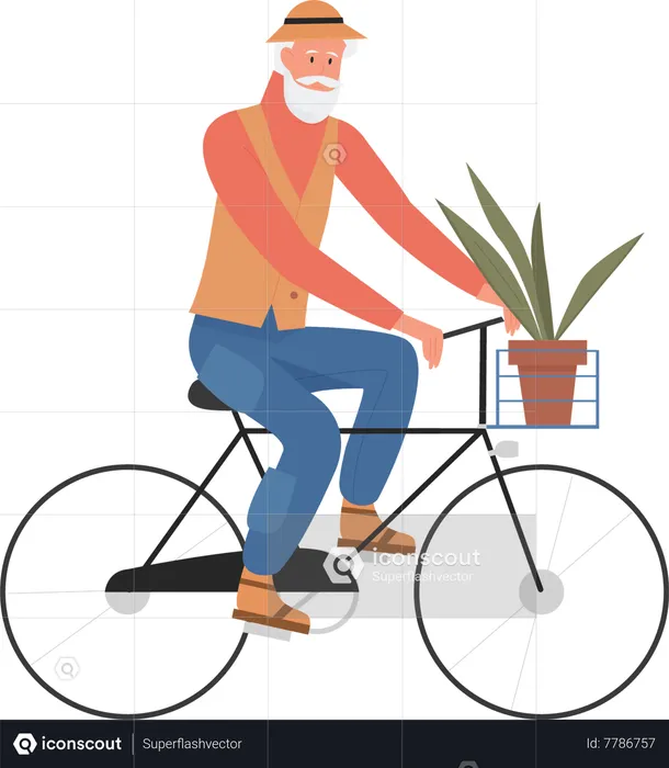 Old man cycling with plant pot  Illustration