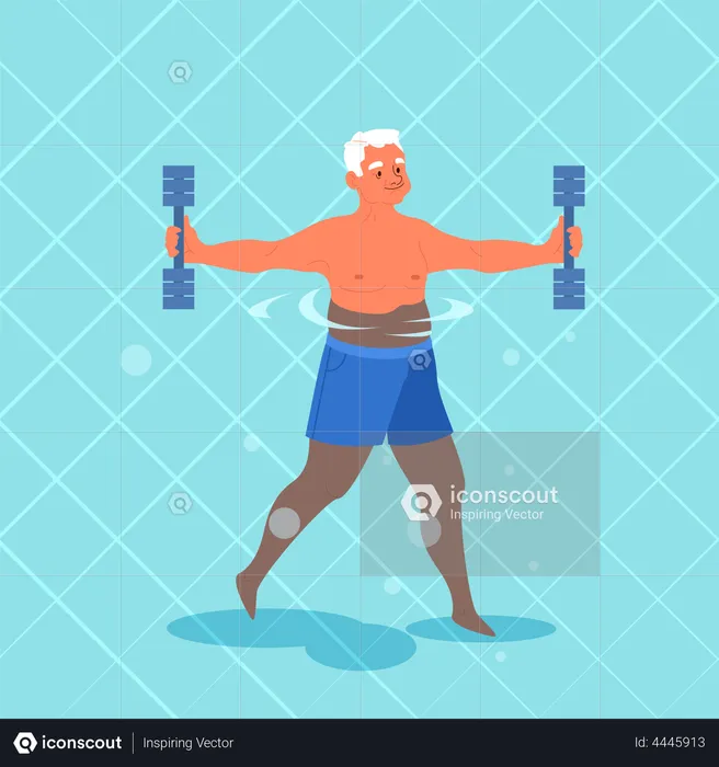 Old man doing exercise with swimming pool dumbbell  Illustration