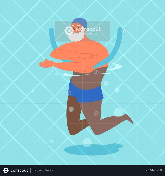 Old man doing exercise with swimming pool ring  Illustration