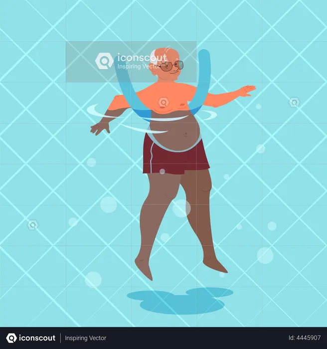 Old man doing exercise with swimming ring  Illustration