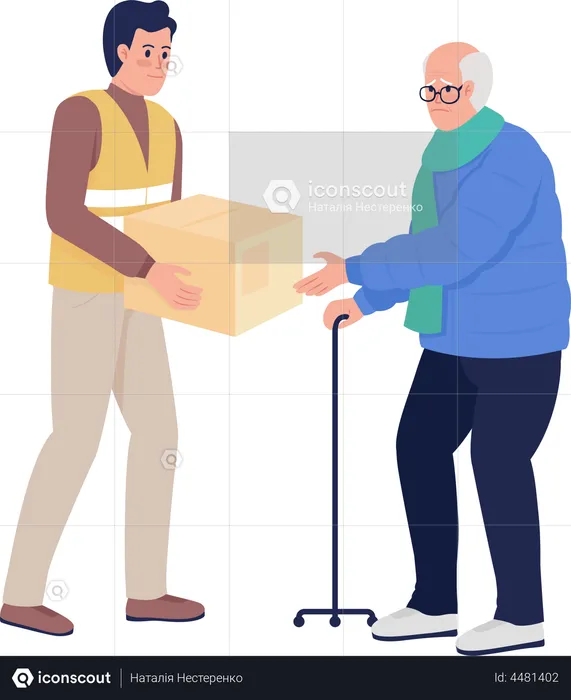 Old man getting humanitarian aid from volunteer  Illustration