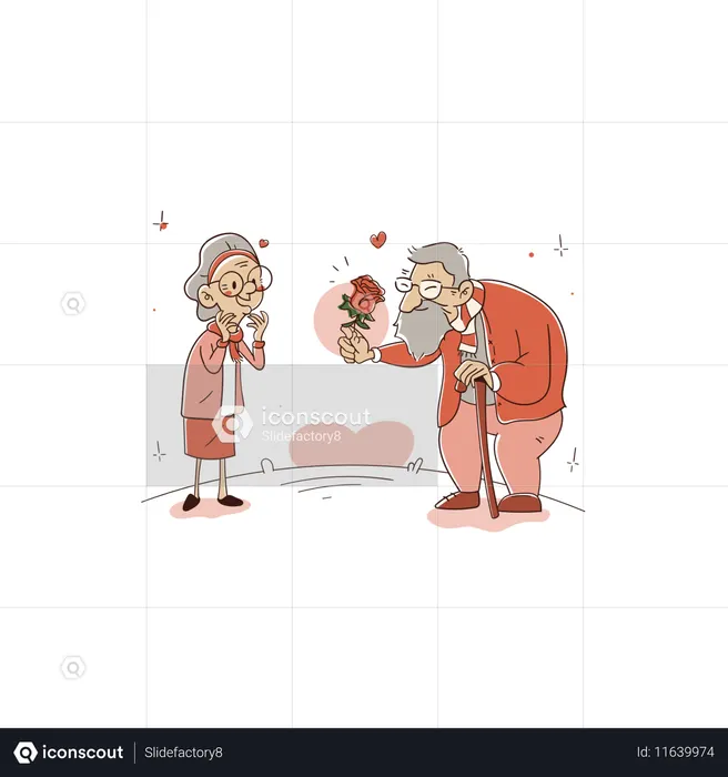 아내에게 꽃다발을 주는 노인  일러스트레이션