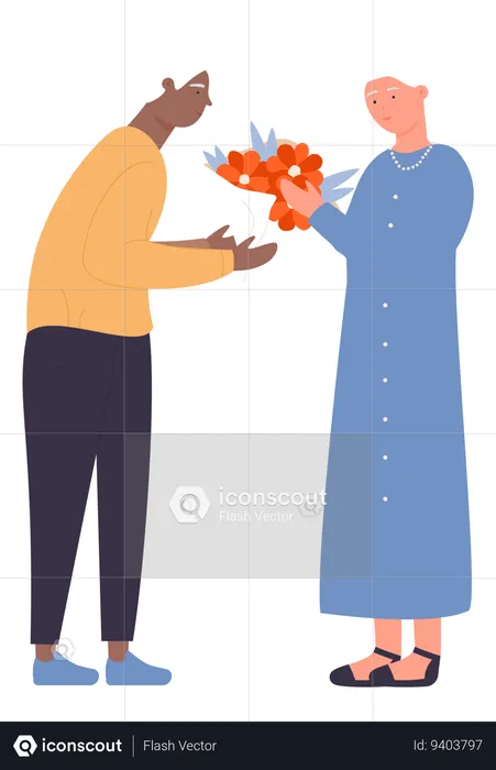 Old man giving bouquet to wife  Illustration