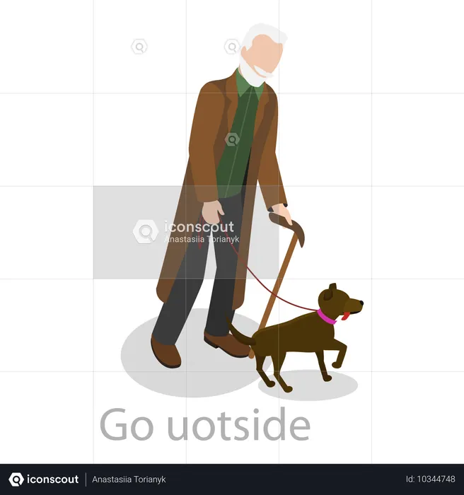 Old man go for an outside walk with pet dog  Illustration