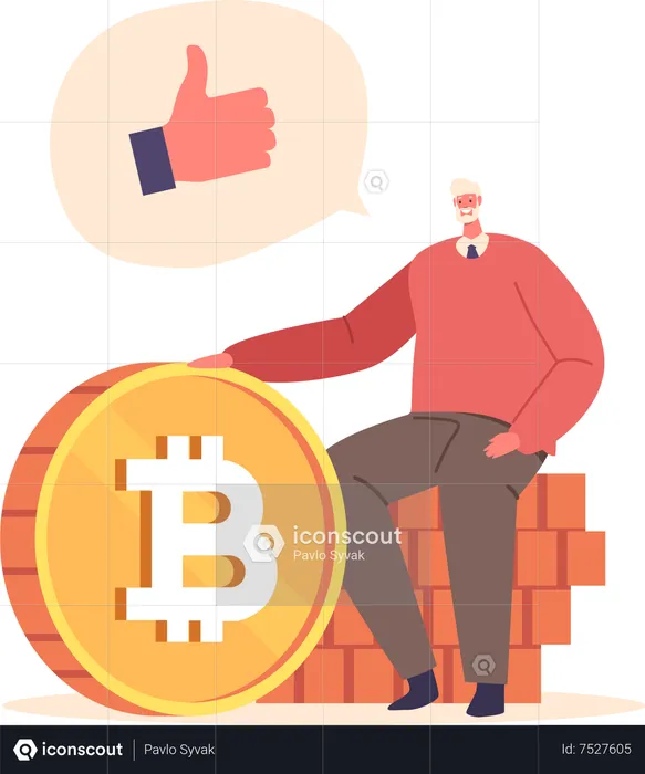 Old man holding bitcoin  Illustration
