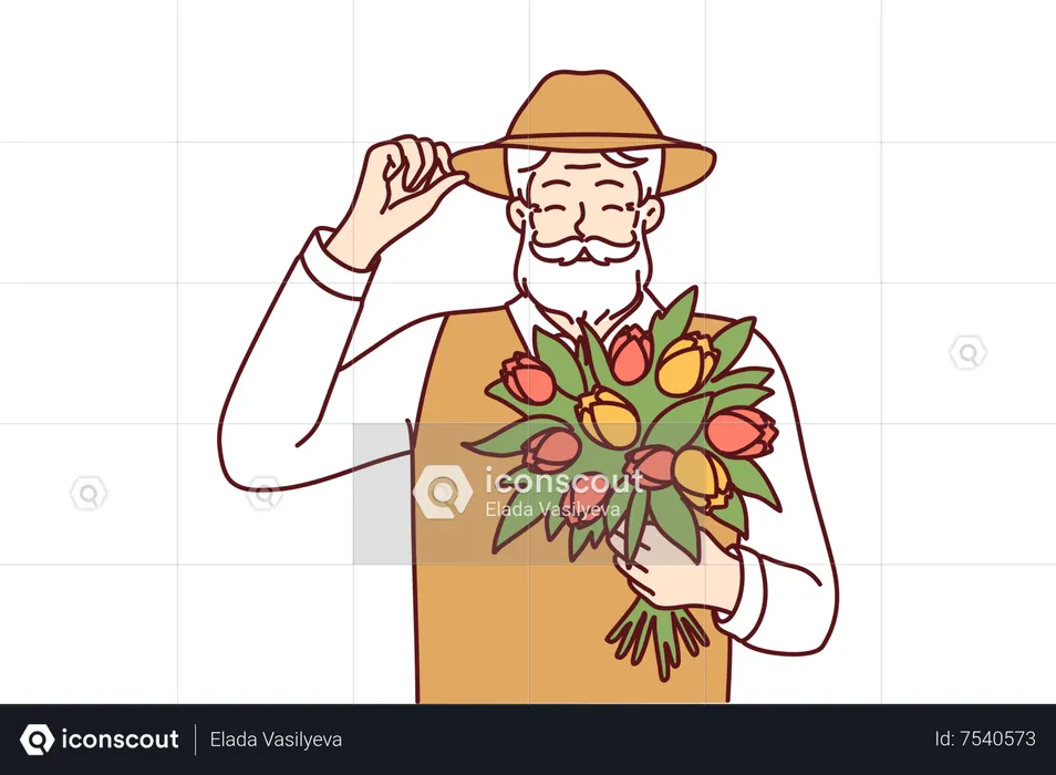 Old man holding flower bouquet  Illustration