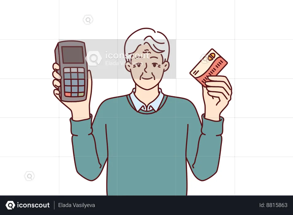 Old man holds POS terminal  Illustration